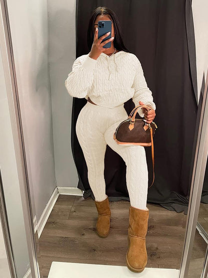 Women's Minimalist Textured Long Sleeve Crop Hooded Sweater & High Waist Skinny Pants Set, Casual Cozy Lady Knitwear Outfits Suits, Basic Womenswear