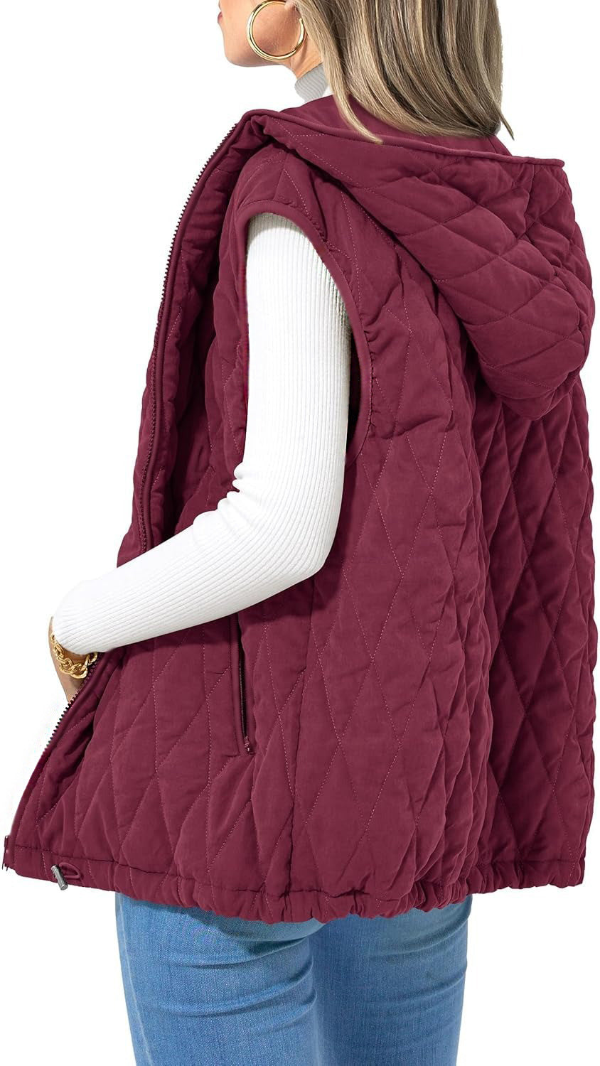Women's Quilted Vest Casual Sleeveless Hooded Zip Up Diamond pattern Jacket With Pockets Winter Coat Outerwear Minimalist Top - Seldom Seen Styles