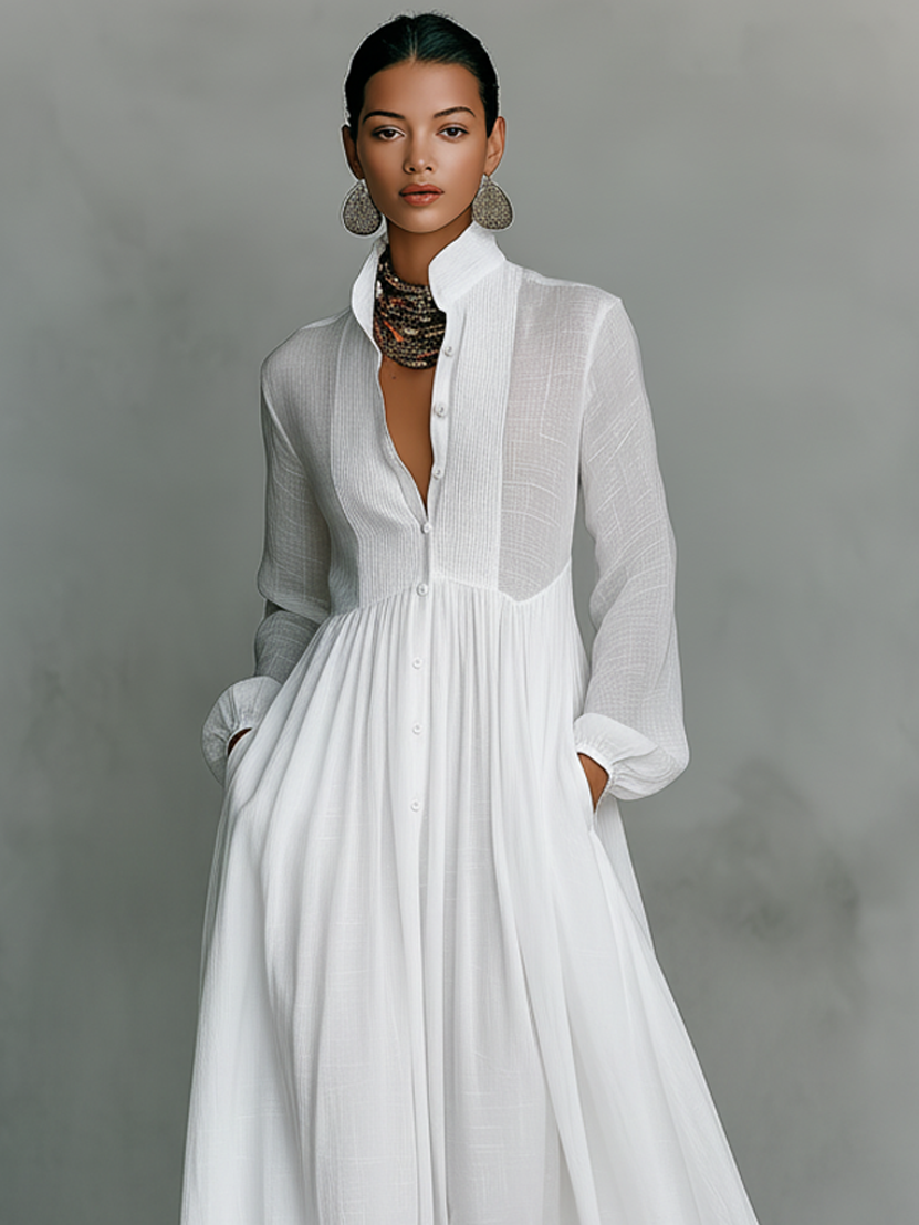 Women's Long Sleeve Cotton Linen Maxi Dress - Slimming Loose Fit Patchwork Design - Seldom Seen Styles