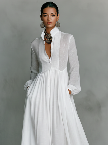 Women's Long Sleeve Cotton Linen Maxi Dress - Slimming Loose Fit Patchwork Design
