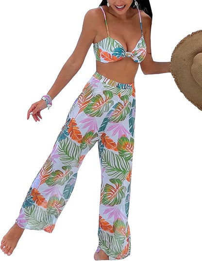 Women's 3 Piece Set Tropical Print High Cut Wrap Front Bikini Swimsuit - Seldom Seen Styles