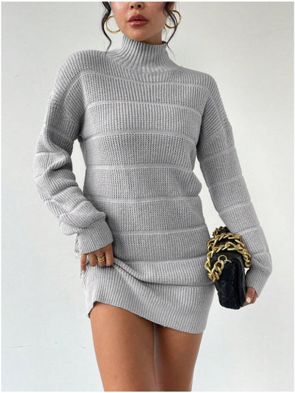 stripe Autumn and Winter Half Turtleneck Knitted Dress Women's Clothing Fashionable Solid Color All-Matching Sexy Hip dress