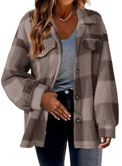 Plaid Pattern Button Front Jacket, Elegant Long Sleeve Warm Coat, Autumn and Winter, Women's Clothing