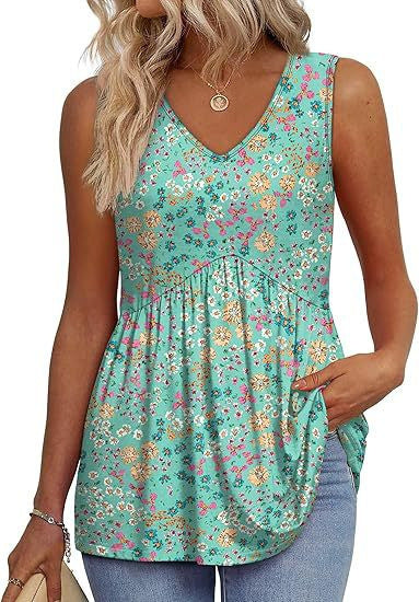 Womens Tank Tops 2025 Flowy Peplum Tops for Women Dressy Sleeveless V Neck Babydoll Tank Tops