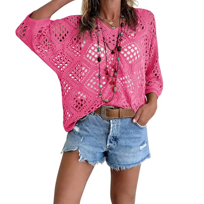 Fisoew Women's Bohemian-Inspired Beige Crochet Top with V-Neck #Springtok #TikTokShopJumpstartSale Casual Chic