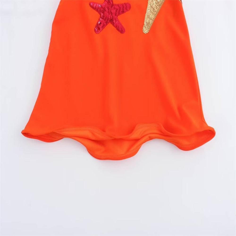 off the shoulder sundress ruffle hem sundress starfish Sequin Embroidered Mini Dress