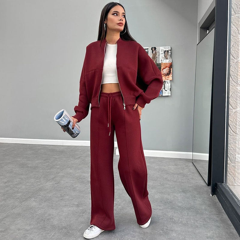 Women's Solid Zip Up Crop Jacket & Drawstring Waist Pants Two-piece Set, Casual Fashion Drop Shoulder Long Sleeve Top & High Waist Trousers Womenswear Suits for Outdoor Wear, Women's Clothing for Spring & Fall 90s Clothes
