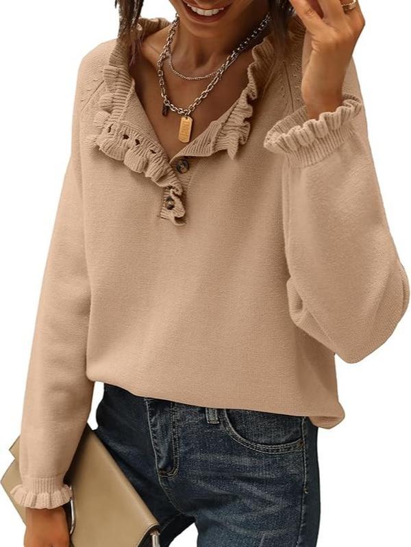 Women's Knit Pullover Sweater Tops - Casual Long Sleeve Button Down Crew Neck Ruffle Solid Color Striped - Knitwear, Womenswear - Seldom Seen Styles