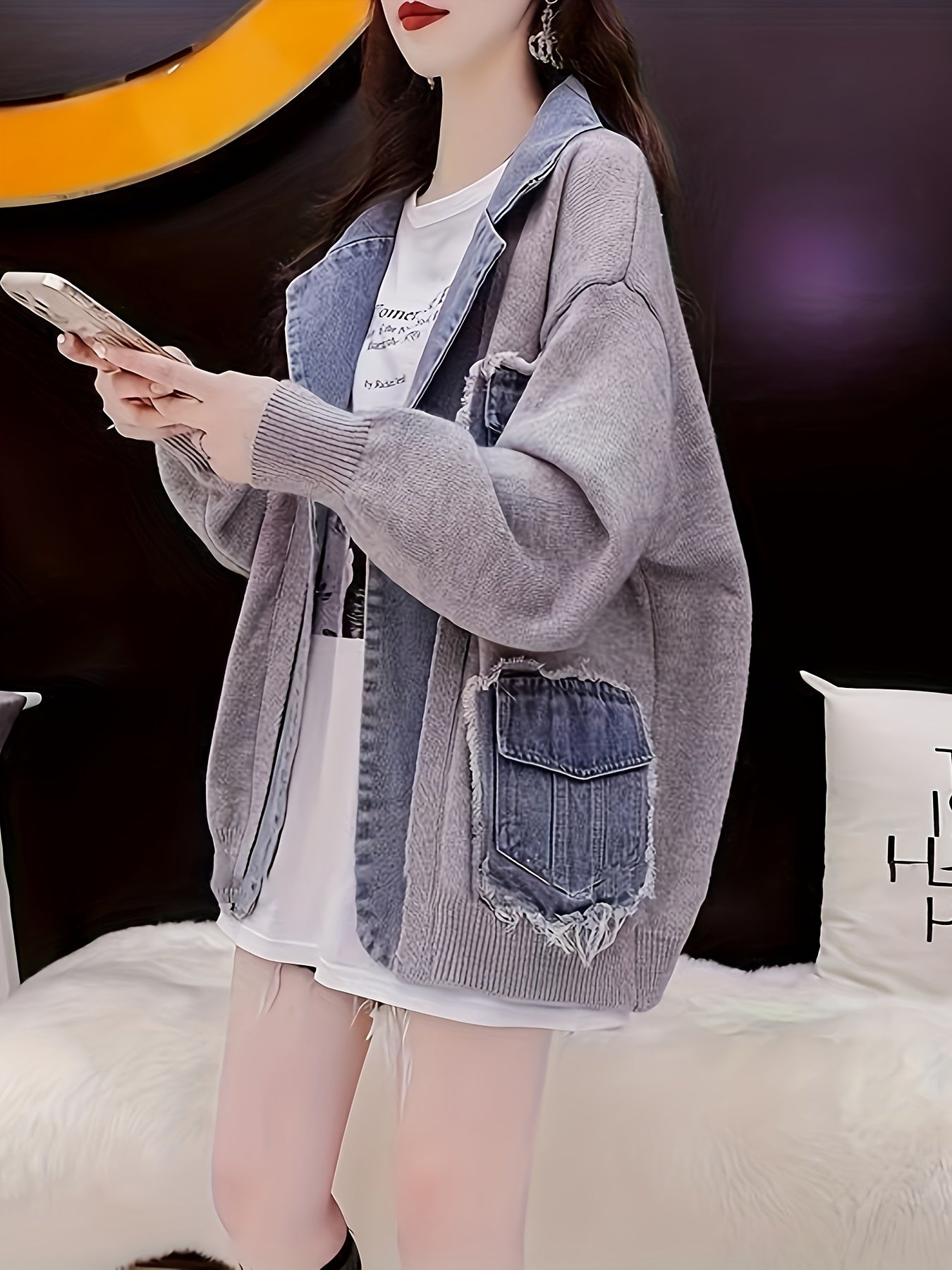 Color Block Open Front Patchwork Cardigan, Stylish Lapel Collar Long Sleeve Flap Pockets Cardigan, Women's Clothing