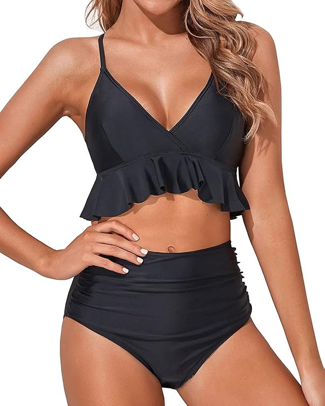 Women Two Piece Swimsuits High Waisted Bikini Set Ruffle Flounce Tummy Control Bottoms Bathing Suit - Seldom Seen Styles