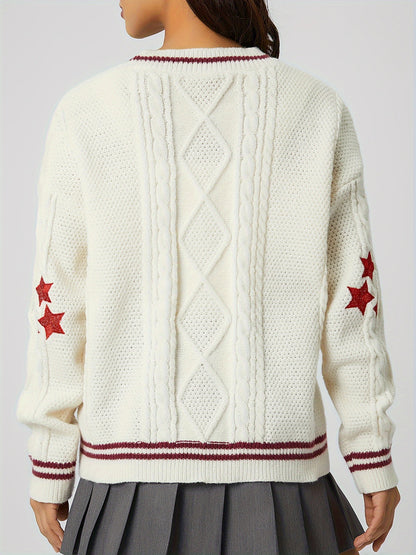 Women's Star & Letter Embroidery Textured Button Front Cable Knit Cardigan, Casual Drop Shoulder Long Sleeve V Neck Cardigan, Women's Knitwear for Fall & Winter - Seldom Seen Styles