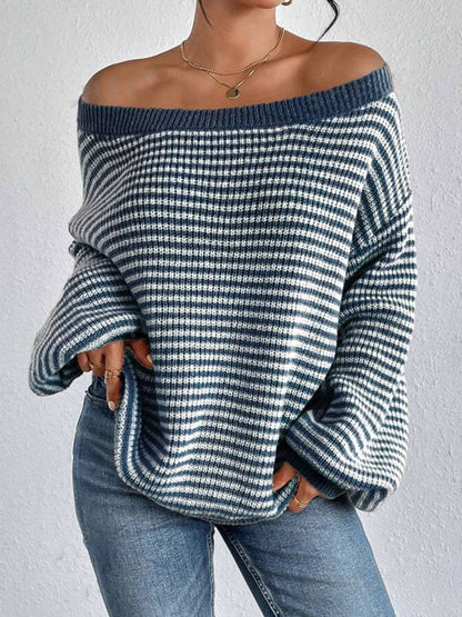 Women's Striped Drop Shoulder Sweater, Y2k Casual Bishop Sleeve Boat Neck Jumper Tops for Daily Outdoor Wear Back To School, Sweaters for Women, Ladies Knitwear for Fall, Fall Outfits, Fallfreshness, Preppy 80s Clothes