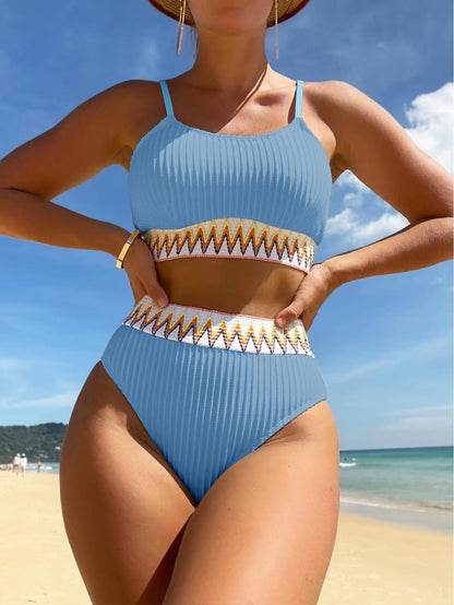 Women's High Waisted Swimsuit Two Piece Ribbed Bikini Sets Crop Top High Cut Cheeky Bathing Suits - Seldom Seen Styles