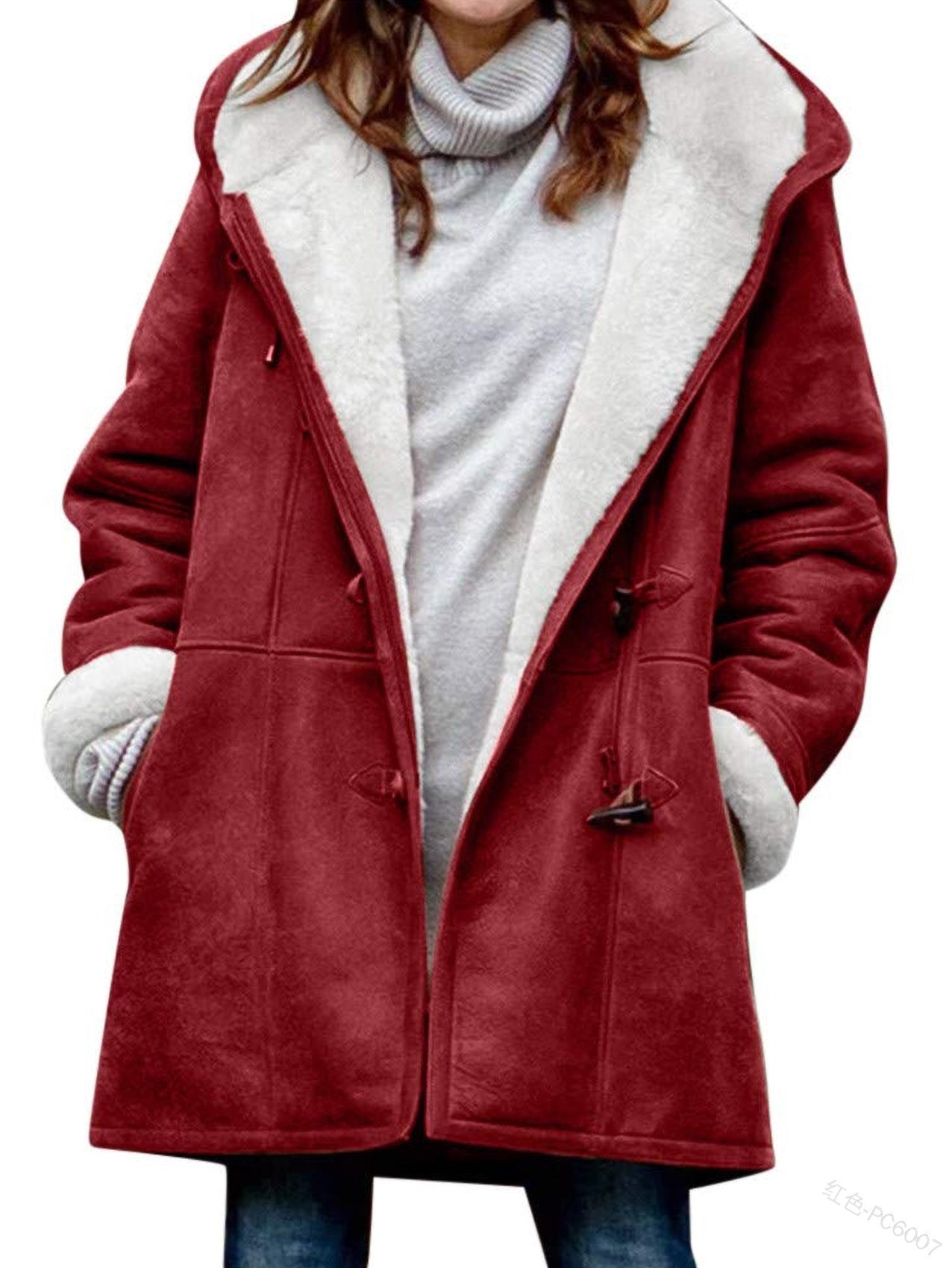 Wintermantel für Damen 2024, Übergröße, warme, mit Fleece gefütterte Jacken, Parka mit Knopfleiste, Kapuze, Peacoat-Oberbekleidung mit Tasche