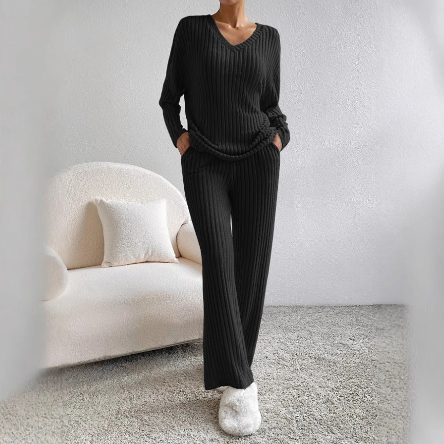 V Collar  Stripe Knitted Suit Two-Piece Set for Women2024Autumn New Fashion Casual Straight-Leg Pants Loose Temperament