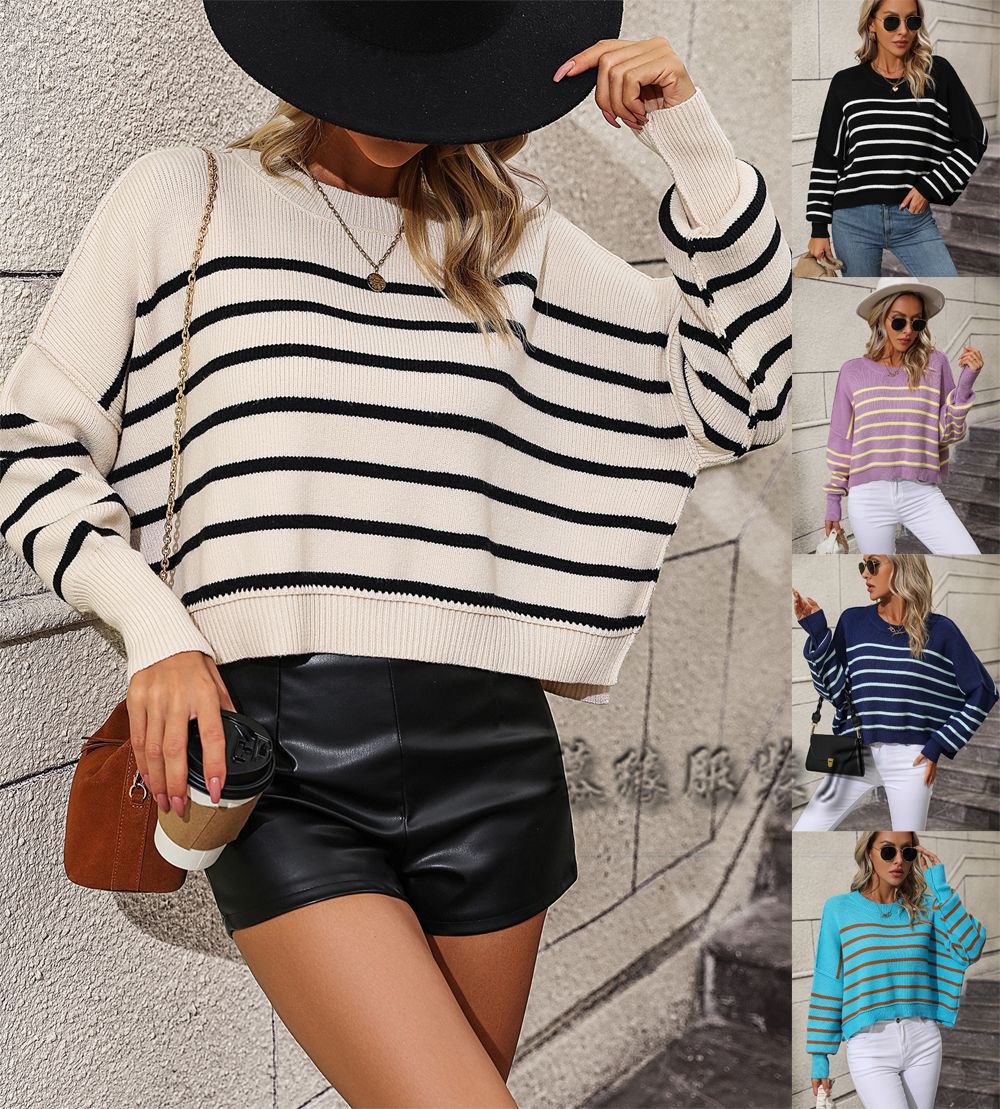 2023Autumn and Winter New Europe and America Cross Border Amazon round Neck Women's Knitwear Foreign Trade Loose Pullover Stripe Sweater Women