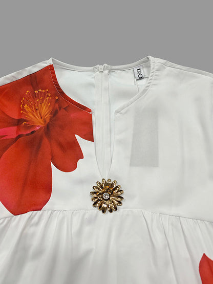 A-Line Loose Flower Print Pleated V-Neck Midi Dresses