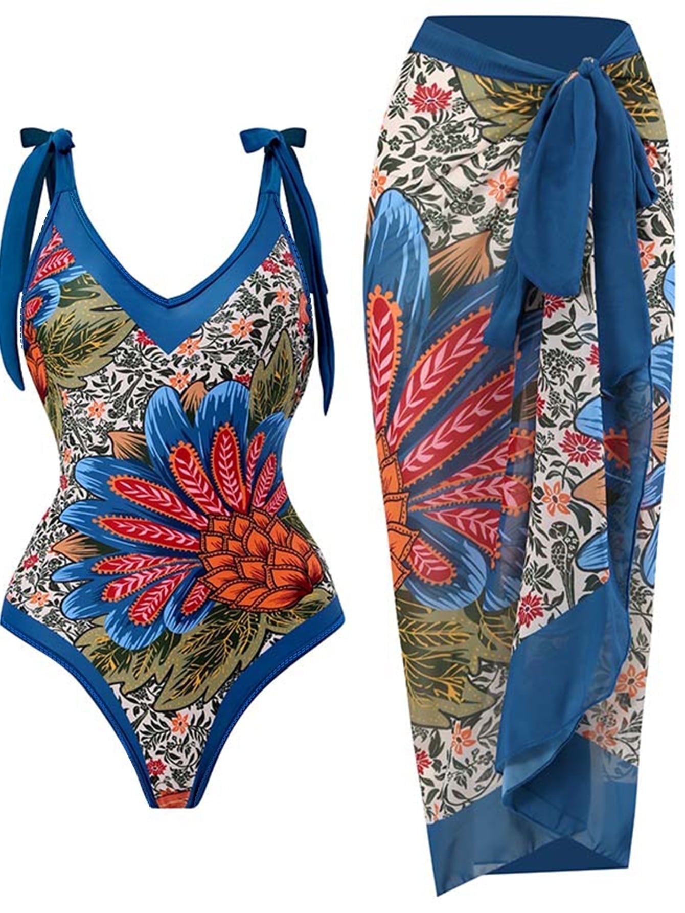 Women's Tropical Print One Piece Swimsuit with Cover up Beach Skirt Sarong Two Piece Floral Printed V Neck Tummy Control High Cut Monokini Swimsuit Bathing Suit Women's Swimwear & Clothing - Seldom Seen Styles