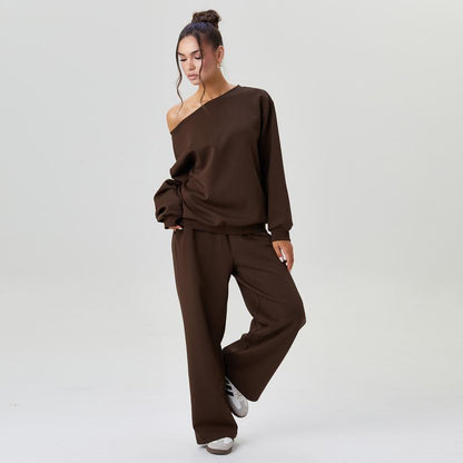 Women's Leisure Solid Color Sloping Shoulder Long Sleeve Top & Wide Leg Trousers Co-ord, Cozy Scoop Neck Loose Two Piece Outfits, Basic Womenswear