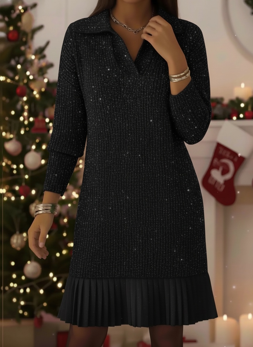 Women's Elegant Polo Neck Shimmering Knit Dress
