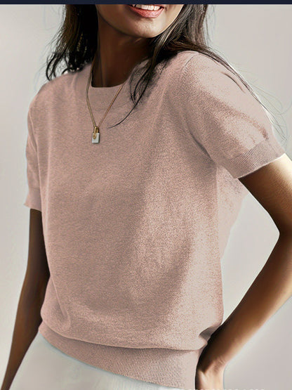 Women's Solid Color Crew Neck Short Sleeve Sweater, Chic Casual Basic Knit Pullover for Spring & Fall, Fashion Women's Knitwear for Daily Wear, Womenswear