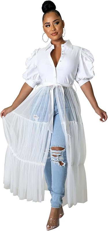 Ekaliy Women Sexy Short Sleeve Bodycon High Low Asymmetrical Ruffle Tunics Blouse Shirt Top Dress