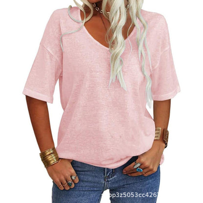Womens Shirt, Normality Women's Solid Color V-Neck T-Shirt, Summer Short Sleeve Loose Casual Tops