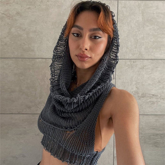 Europe and america cross border2022Autumn Fashion Women's Fashion Clothing New Hooded Sleeveless Midriff-Baring Knitted Solid Color Inner Wear Sweater