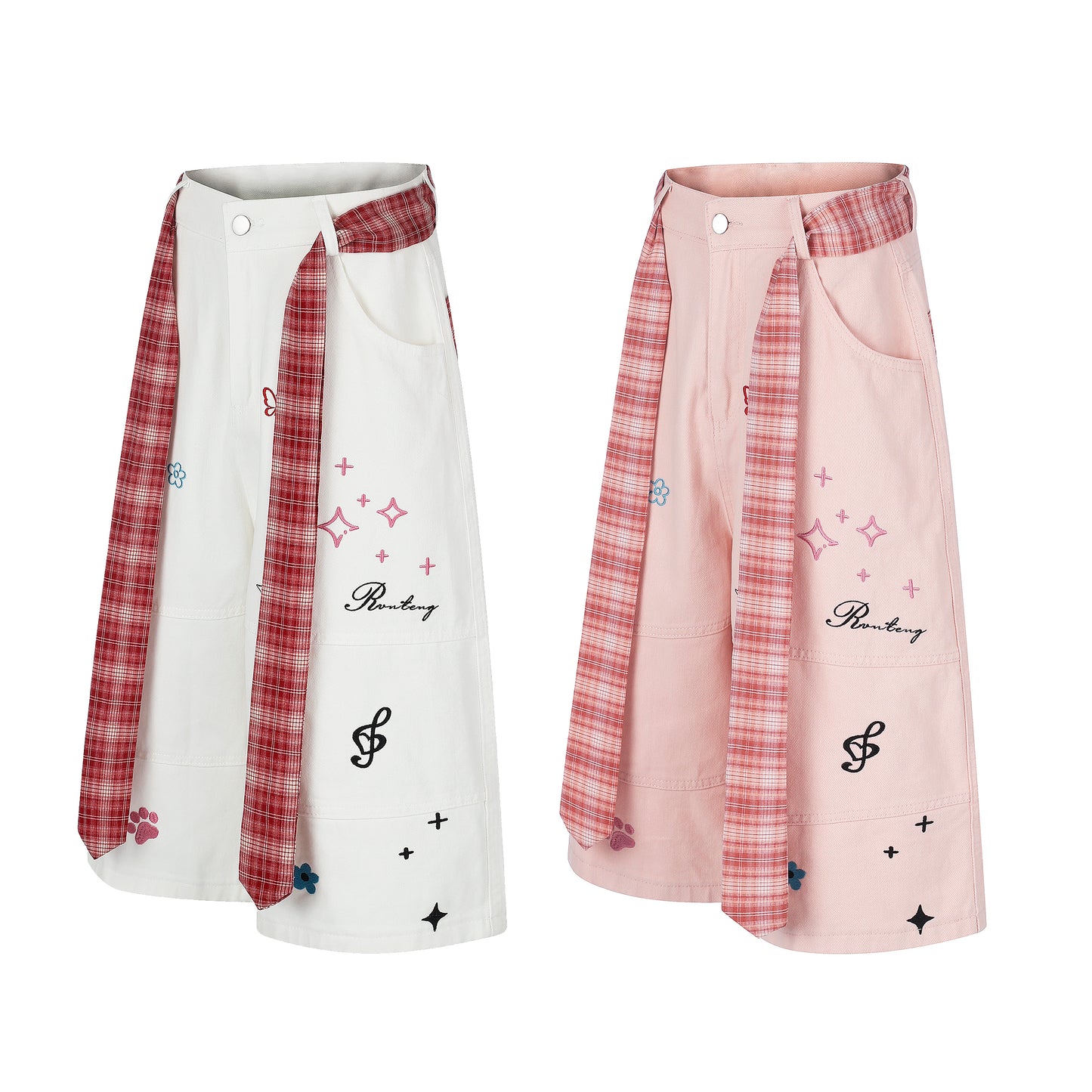 Women's Cute Embroidery Plaid Tie Wide Leg Denim Shorts High Waist Cherry Cat Bow Casual Sweet Streetwear Jean Shorts