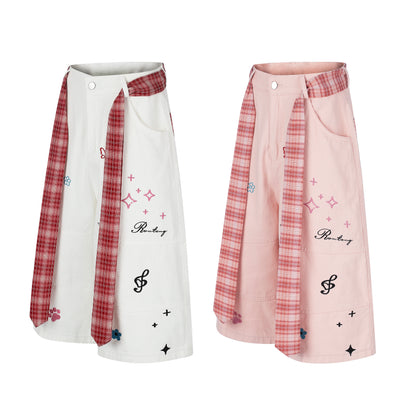 Women's Cute Embroidery Plaid Tie Wide Leg Denim Shorts High Waist Cherry Cat Bow Casual Sweet Streetwear Jean Shorts