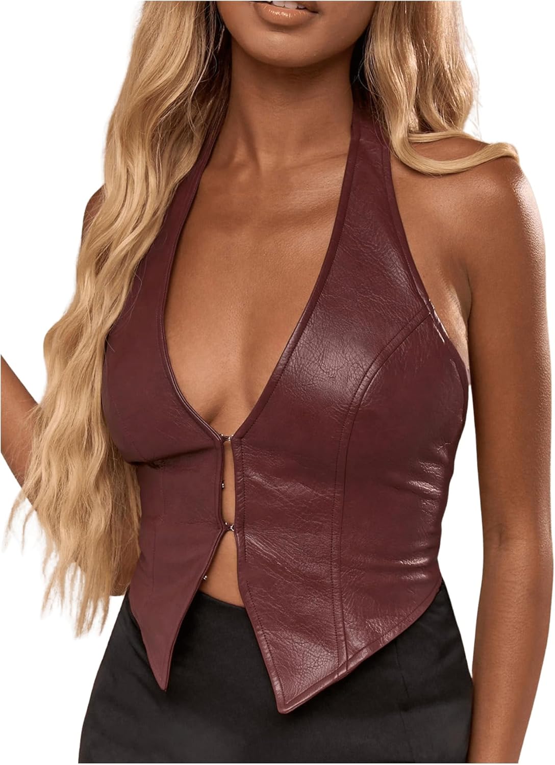 Women's PU Leather Halter Tank Tops Sexy Deep V Neck Asymmetrical Vest Corset Party Clubwear - Seldom Seen Styles