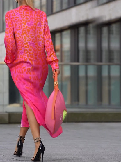 Women's Leopard Print Long Sleeve Split Maxi Dress V Neck Button Flowy Long Dress with Pockets Fashion Streetwears