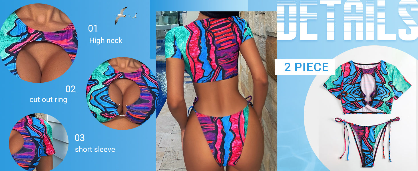 Women's 2 Piece Swimsuit Graffiti Print Cut Out Ring Linked Bikini Set Tie Side Bathing Suit - Seldom Seen Styles