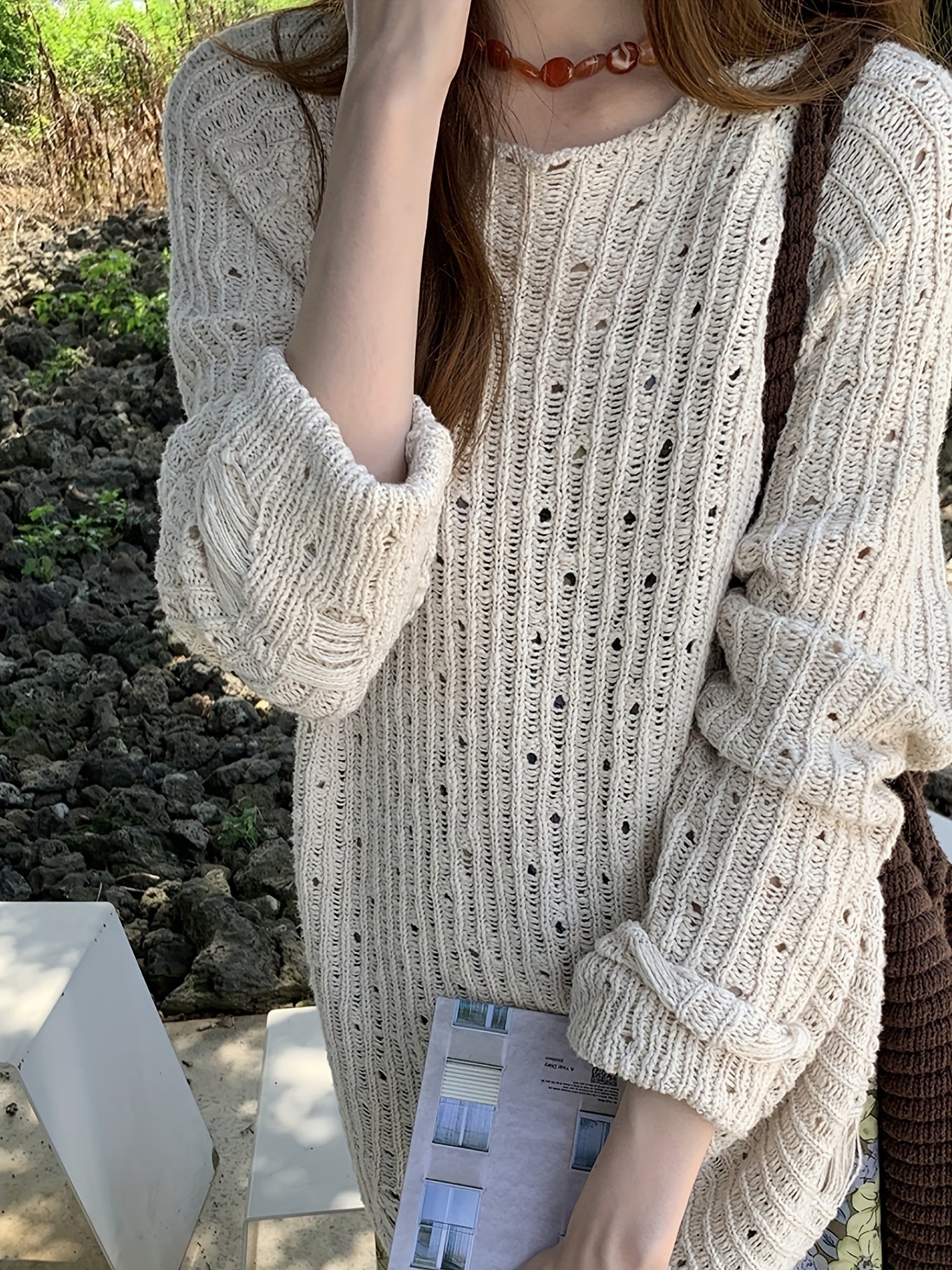 Offen gestrickter Pullover mit Rundhalsausschnitt, lässiger Langarmpullover für Frühling und Herbst, Damenbekleidung