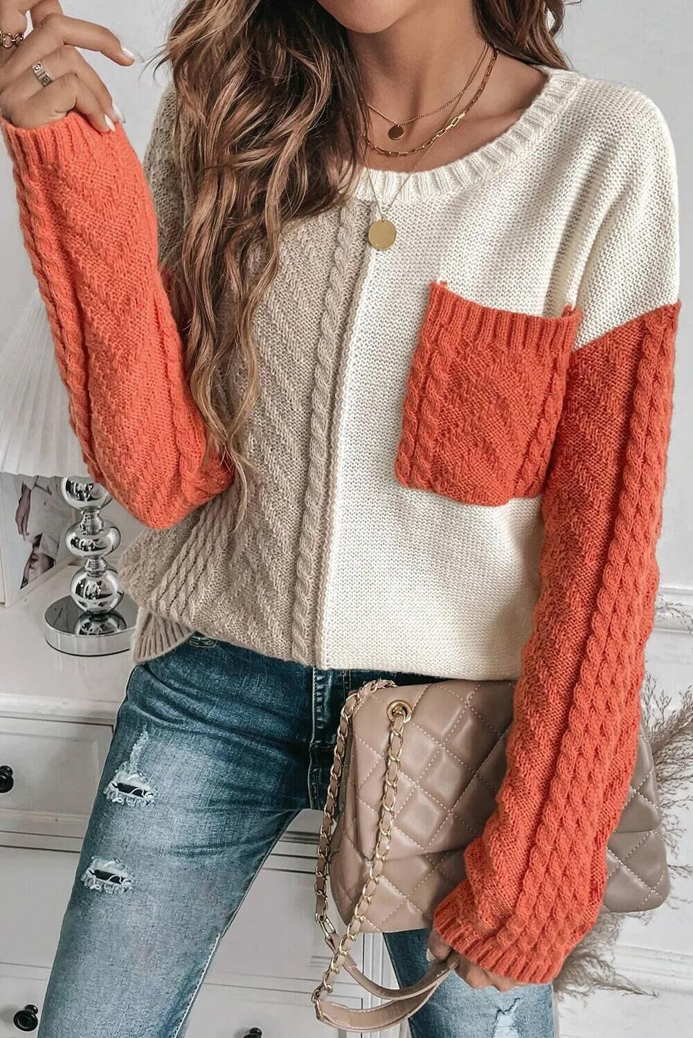 Amazon New Sweater European and American Women's Clothing Casual Patchwork Pocket Pullover Sweater Top Women's Sweater