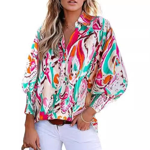 Astylish Women 2024 Loose V-Neck Shirts Paisley Print Lantern Sleeve Blouse Tops