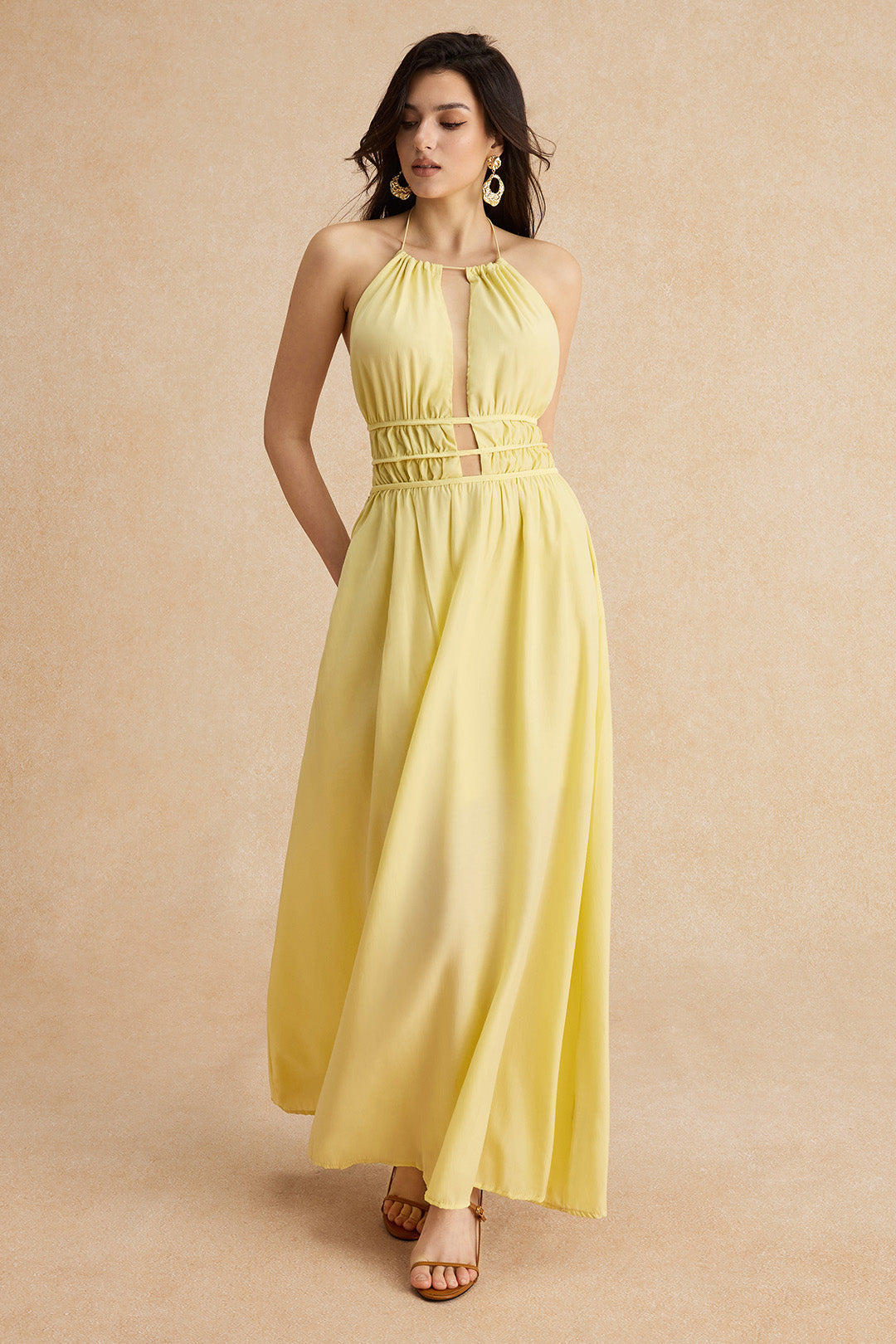 Women's Halter Neck Cut Out Sleeveless Maxi Dress Fitted Bodycon Rayon Blend Party Dress for Wedding Guest Date Night Summer Vacation - Seldom Seen Styles
