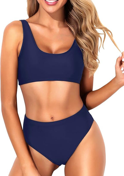 Women Two Piece Scoop Neck Bikini Crop Top Swimsuit Sporty High Waisted Bathing Suit - Seldom Seen Styles