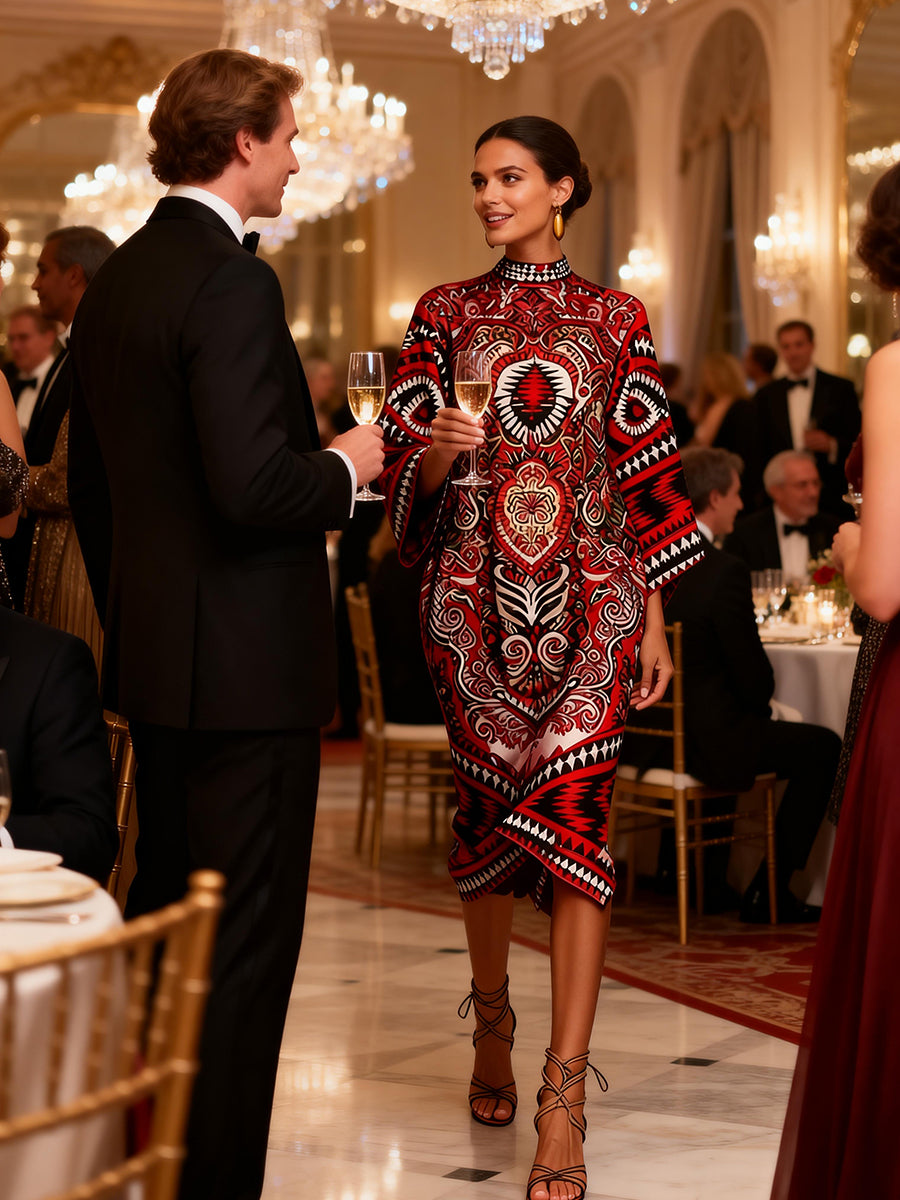Flared Sleeves Long Sleeves Contrast Color Flower Print Geometric Split-Joint Round-Neck Midi Dresses - Seldom Seen Styles