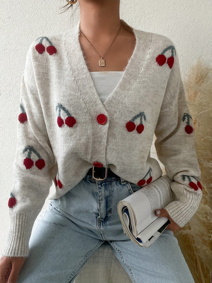 Women's Cherry Pattern Button Front Knitting Longsleeves Cardigan, Casual Elegant Long Sleeve Sweater Cardigan for Fall &amp; Winter, Women's Knit Clothing for Daily Wear, Cardigan for Women, Women's Cardigan, Womenswear, Knitwear, Clothe