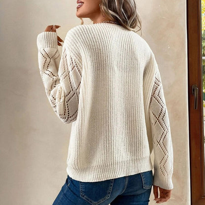 Womens Long Sleeve Sweaters Fall 2024 Trendy Sexy Lace V Neck Knit Drop Shoulder Pullover Sweater Jumper Tops