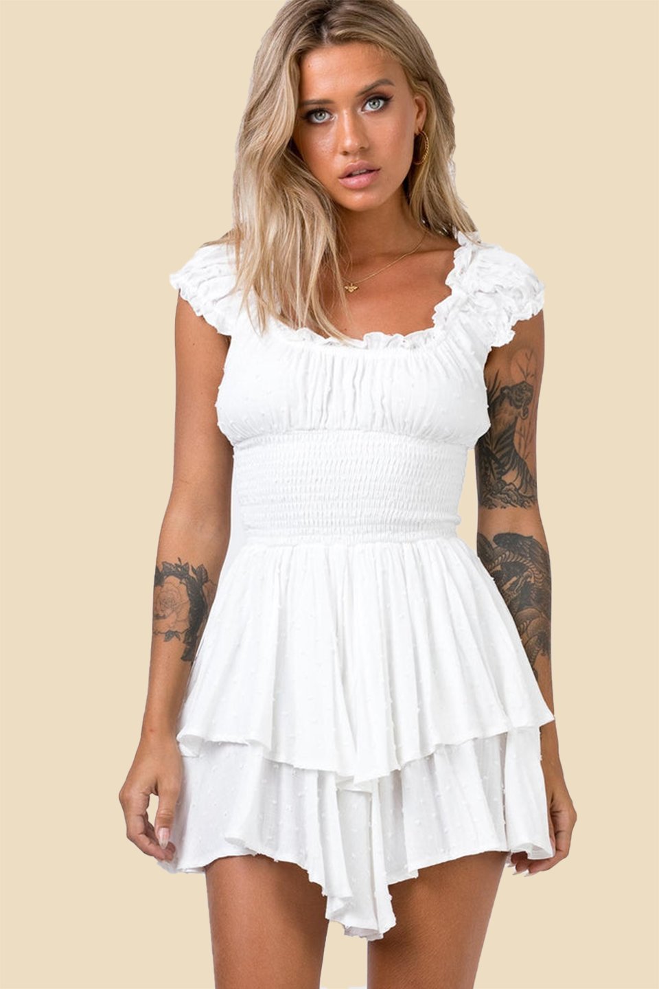 Women's White Ruffle Mini Dress Shirred Bodice Summer Dress - Seldom Seen Styles