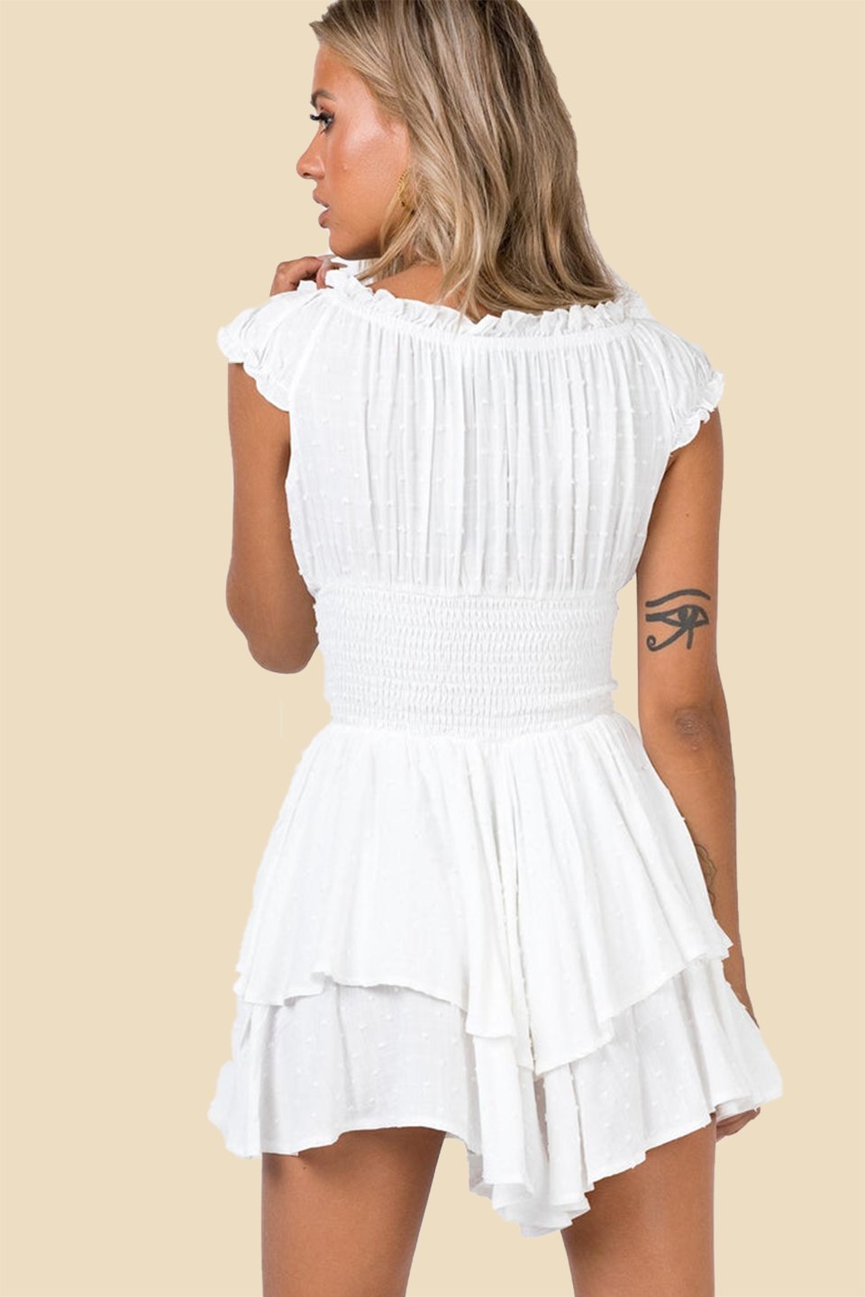 Women's White Ruffle Mini Dress Shirred Bodice Summer Dress - Seldom Seen Styles