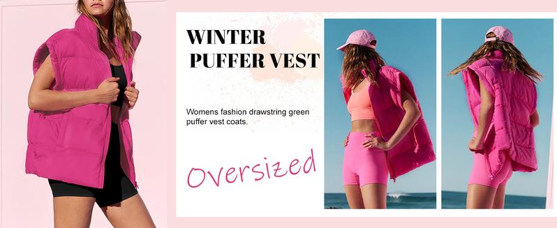 Women's Winter Oversized Puffer Vest Lightweight Stand Collar Flysleeve Insulated Padded Puffy Jackets Coat with Pockets Outerwear Casual Zipper Tops Black Fitted Minimalist - Seldom Seen Styles