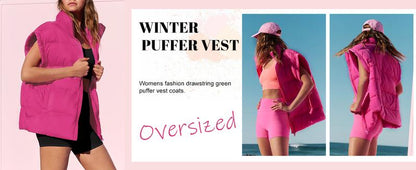 Women's Winter Oversized Puffer Vest Lightweight Stand Collar Flysleeve Insulated Padded Puffy Jackets Coat with Pockets Outerwear Casual Zipper Tops Black Fitted Minimalist