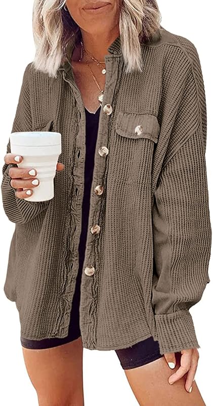 Yanekop Womens Waffle Knit Shacket Oversized Shirt Jacket Button Down Blouse Loose Fit Long Sleeve Tops