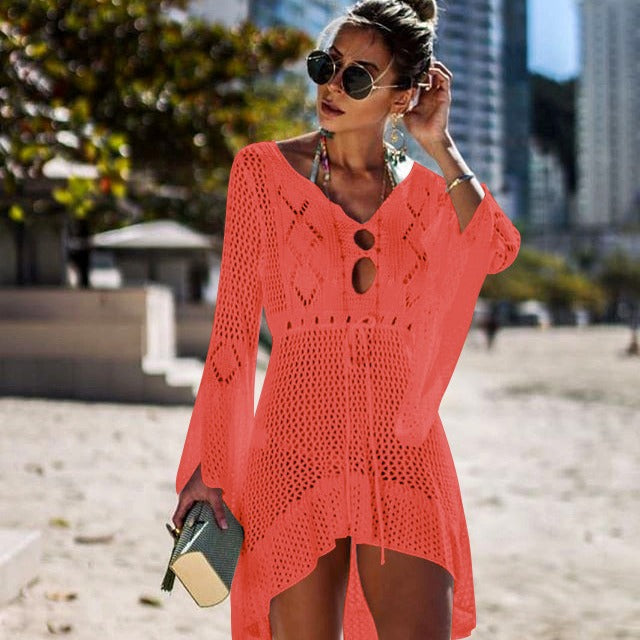 Hollow-out Sun Protection Shirt Bell Sleeve Beach Cover-up Bikini Cover  Hot Knitwear Swimsuit