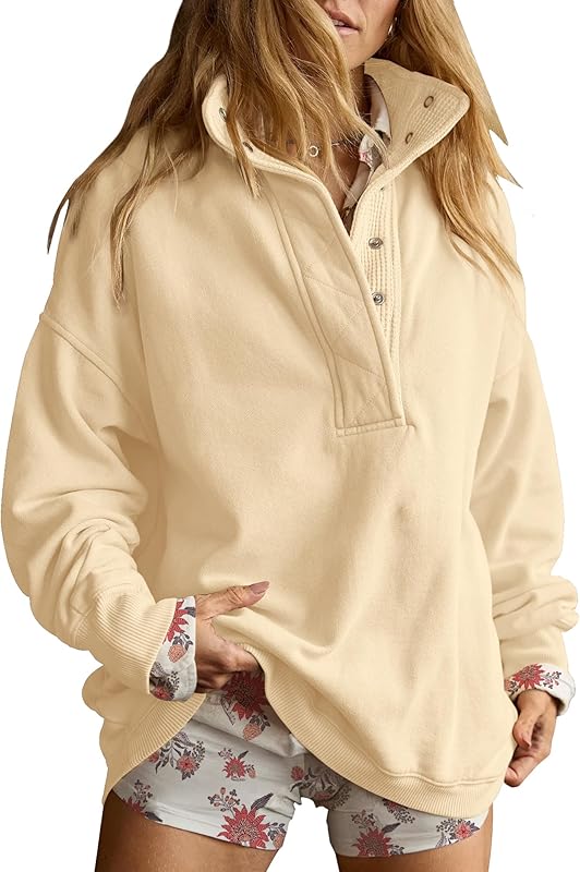 Sweatshirt for Women Oversized Casual Long Sleeve Button Henley Neck Pullover Tops Fashion Outfits Clothes - Seldom Seen Styles