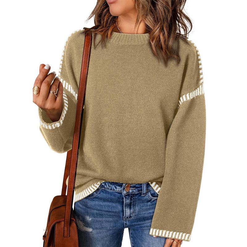 Sweaters for Women Fashion Solid Crewneck Loose Fit Long Sleeve Contrast Cable Knit Pullover Sweater Jumper Tops Knitwear Womenswear Knitwear Womenswear - Seldom Seen Styles
