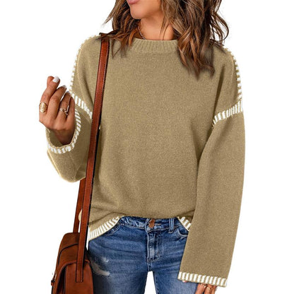 Sweaters for Women Fashion Solid Crewneck Loose Fit Long Sleeve Contrast Cable Knit Pullover Sweater Jumper Tops Knitwear Womenswear Knitwear Womenswear